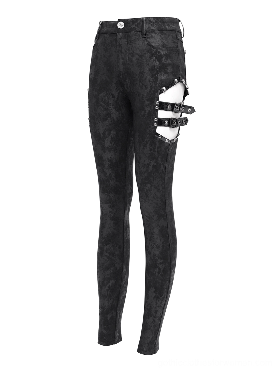 Side profile of black gothic pants showing single side buckle cutout and slim fit construction
