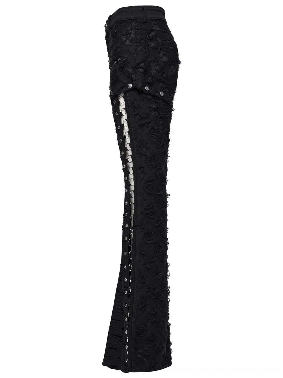 Black gothic split-leg pants side profile showing metal O-rings and tattered rose textile