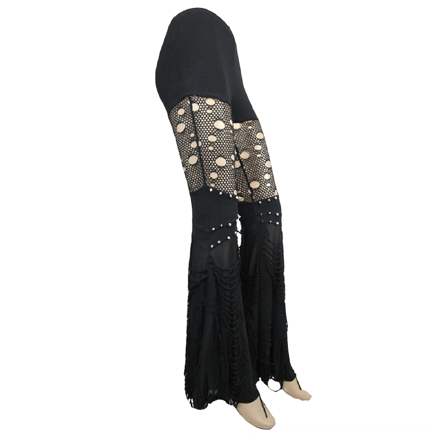 Black gothic pants with fishnet and stud trim - side mannequin view