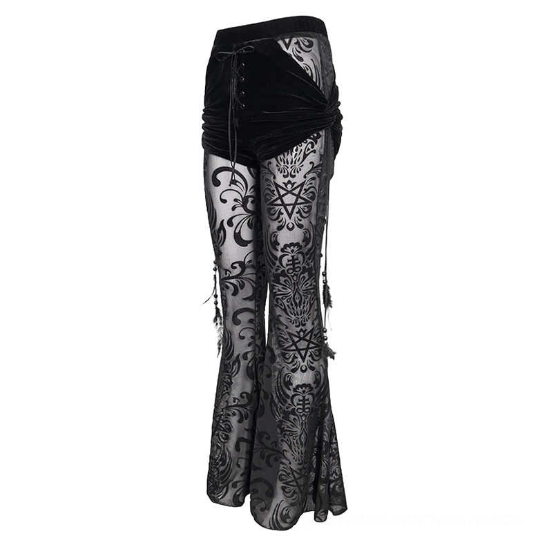 Detailed side profile of gothic pants showing draped velvet hip area and flared silhouette with feather straps