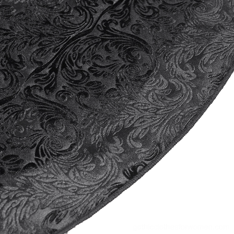 Gothic flocked pants side seam detail with asymmetrical ruffle panel and decorative flower accent