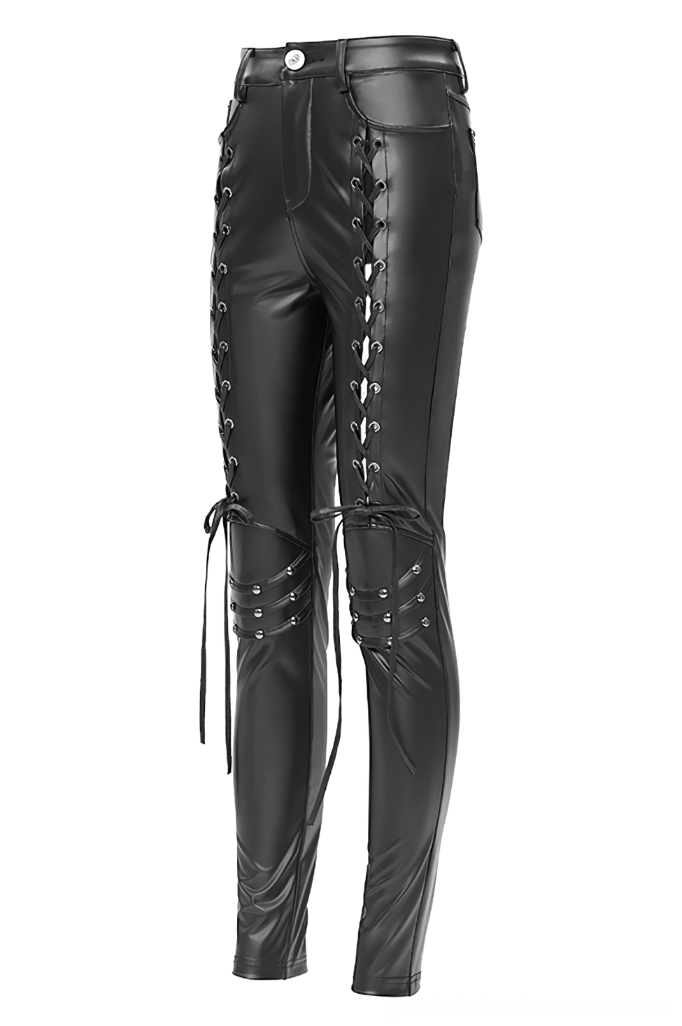 Black gothic pants side flat lay view showing double-sided lace-up grommets and skinny fit construction