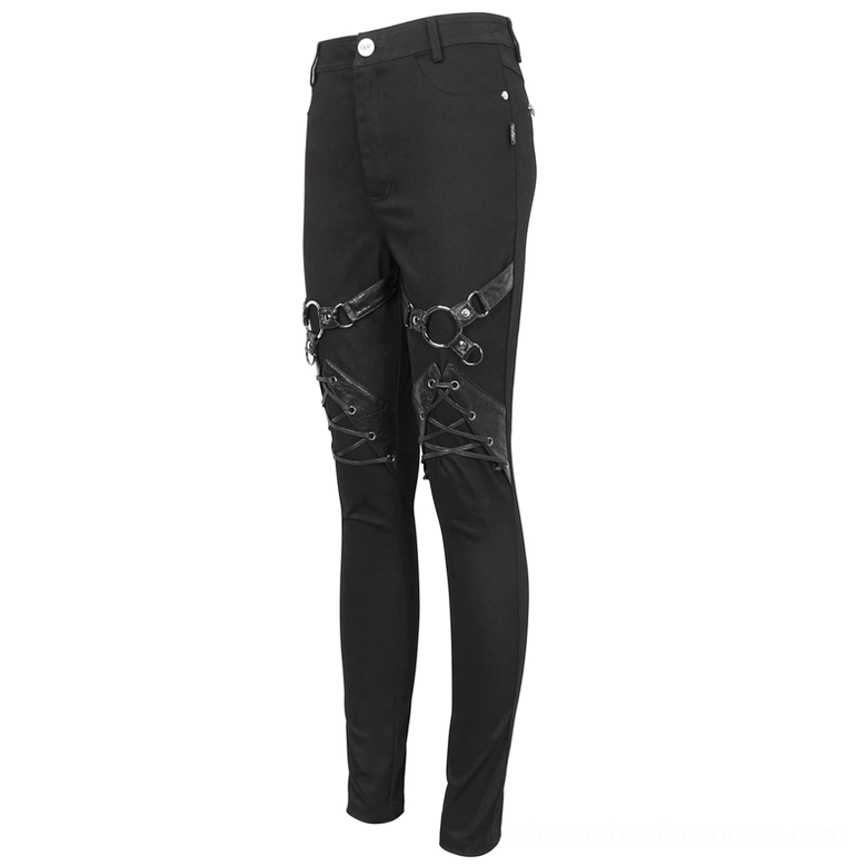 Black gothic pants three-quarter side view showing O-ring placements and slim-fit silhouette