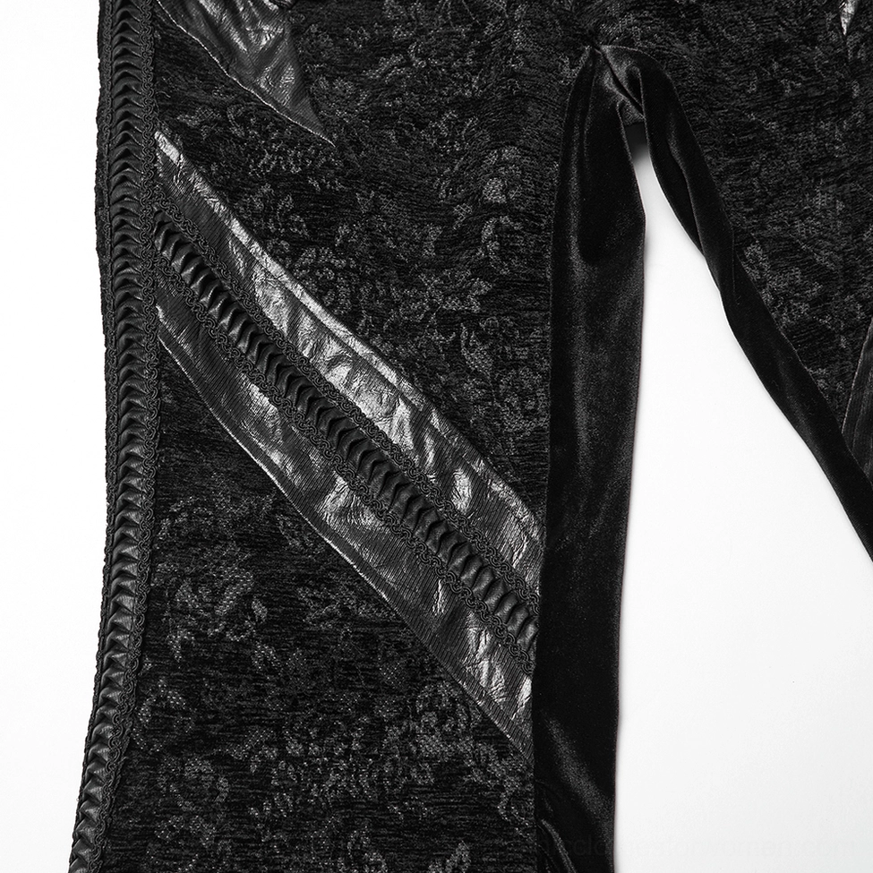 Gothic pants side zipper close-up - diagonal faux leather trim, stitched edges, black jacquard rose pattern fabric