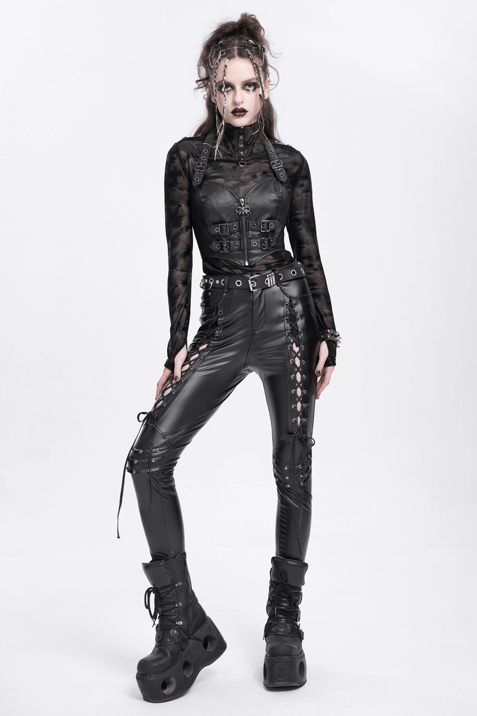 Black gothic pants model view emphasizing slim fit and adjustable lacing customization