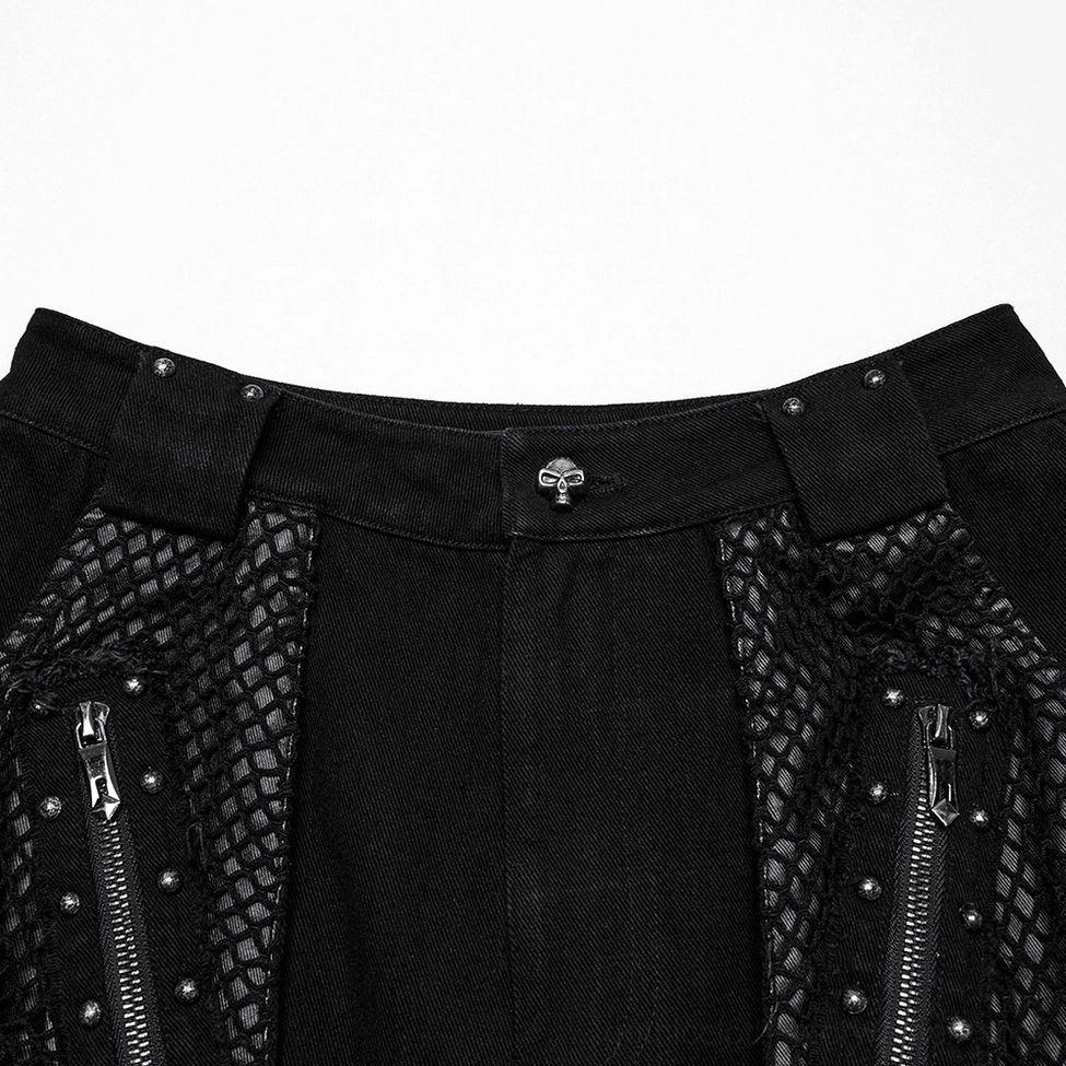 Metal studded zipper hardware and mesh pocket accent on gothic cargo pants, close-up detail
