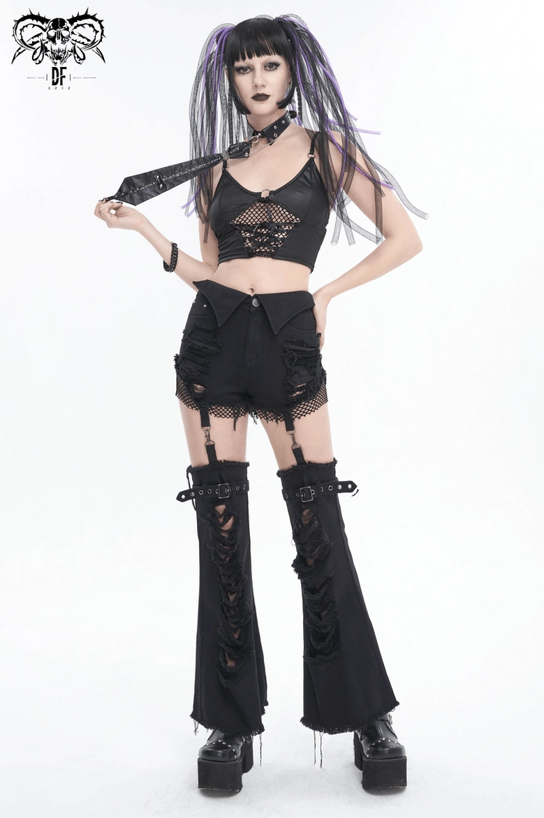 Alternative fashion black flared pants styling inspiration - model wearing full outfit with accessories
