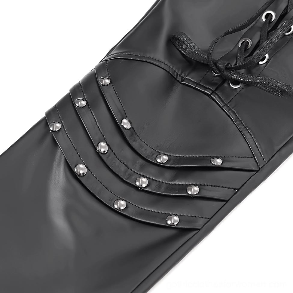 Black corset lace-up gothic pants detail shot highlighting synthetic leather texture and grommet construction