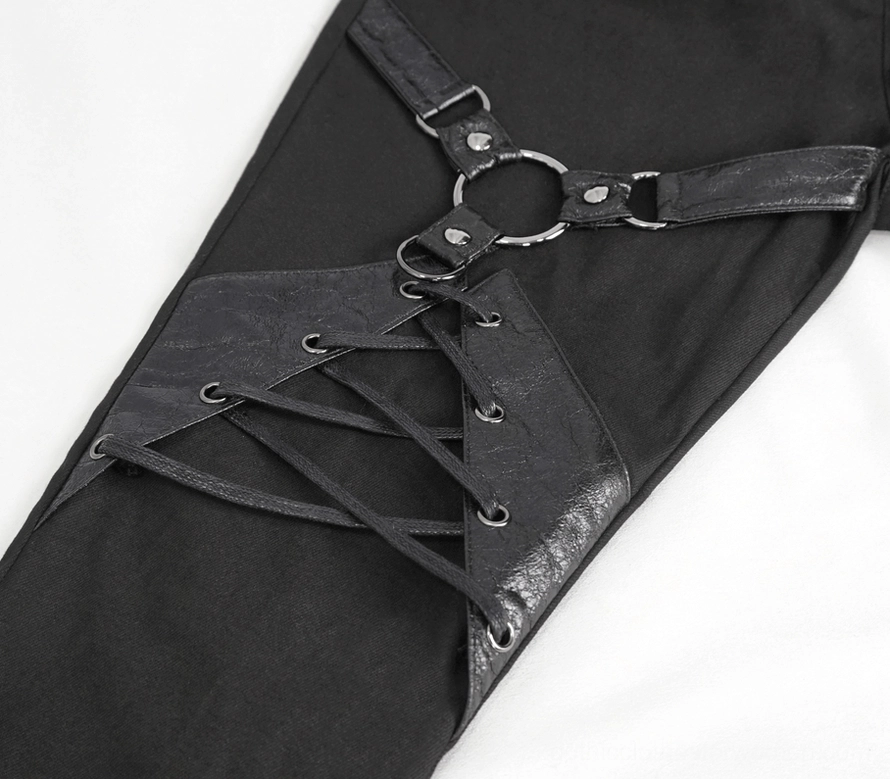 Black gothic slim-fit trousers O-ring and lace-up embellishment detail on thigh area