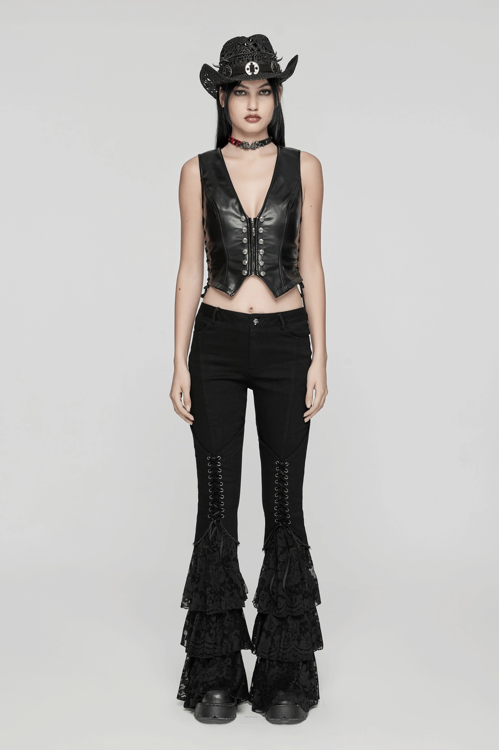 Black gothic lace flared pants detail view of V-shaped drawstring placement and waist design