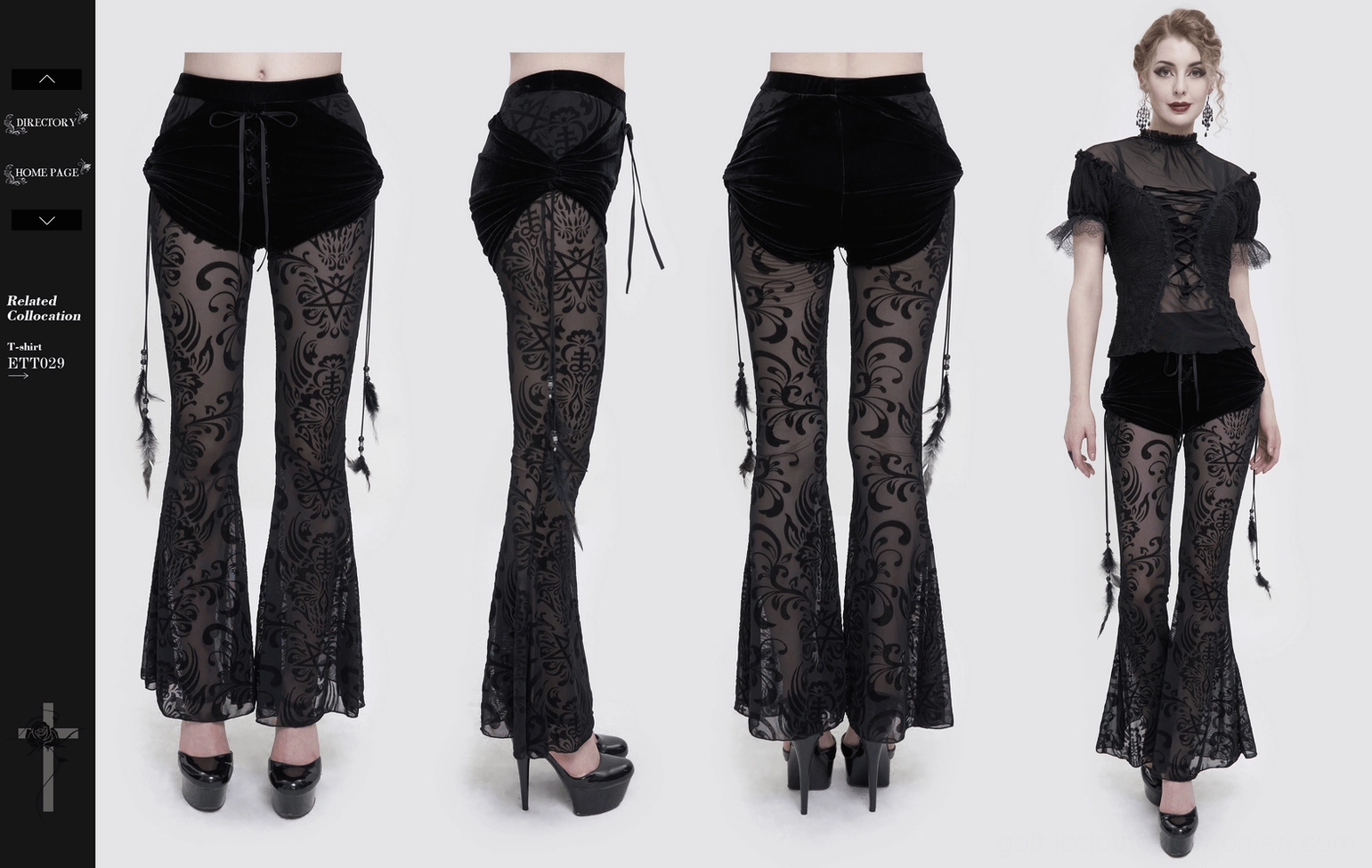 Detail shot of velvet waistband and lace-up front of gothic pants, emphasizing corset-inspired design elements