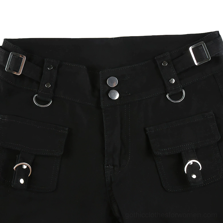 Close-up detail of gothic pants waist featuring snap buttons, adjustable belt straps and D-ring hardware