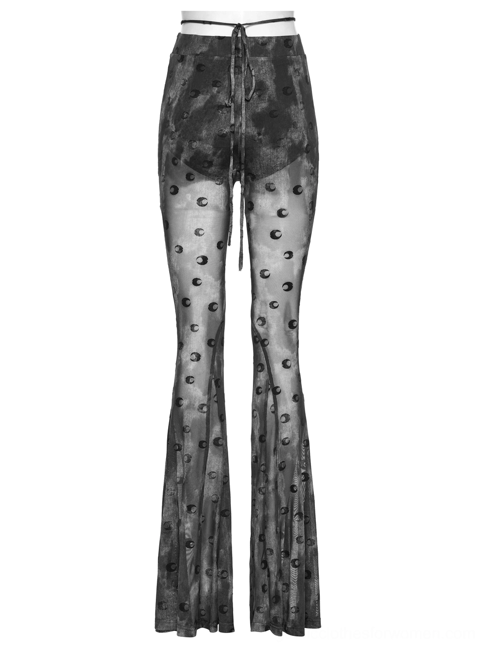 Top-down flat lay of mesh flare pants waist strap showing pleated drawstring and full leg flare from hip to hem