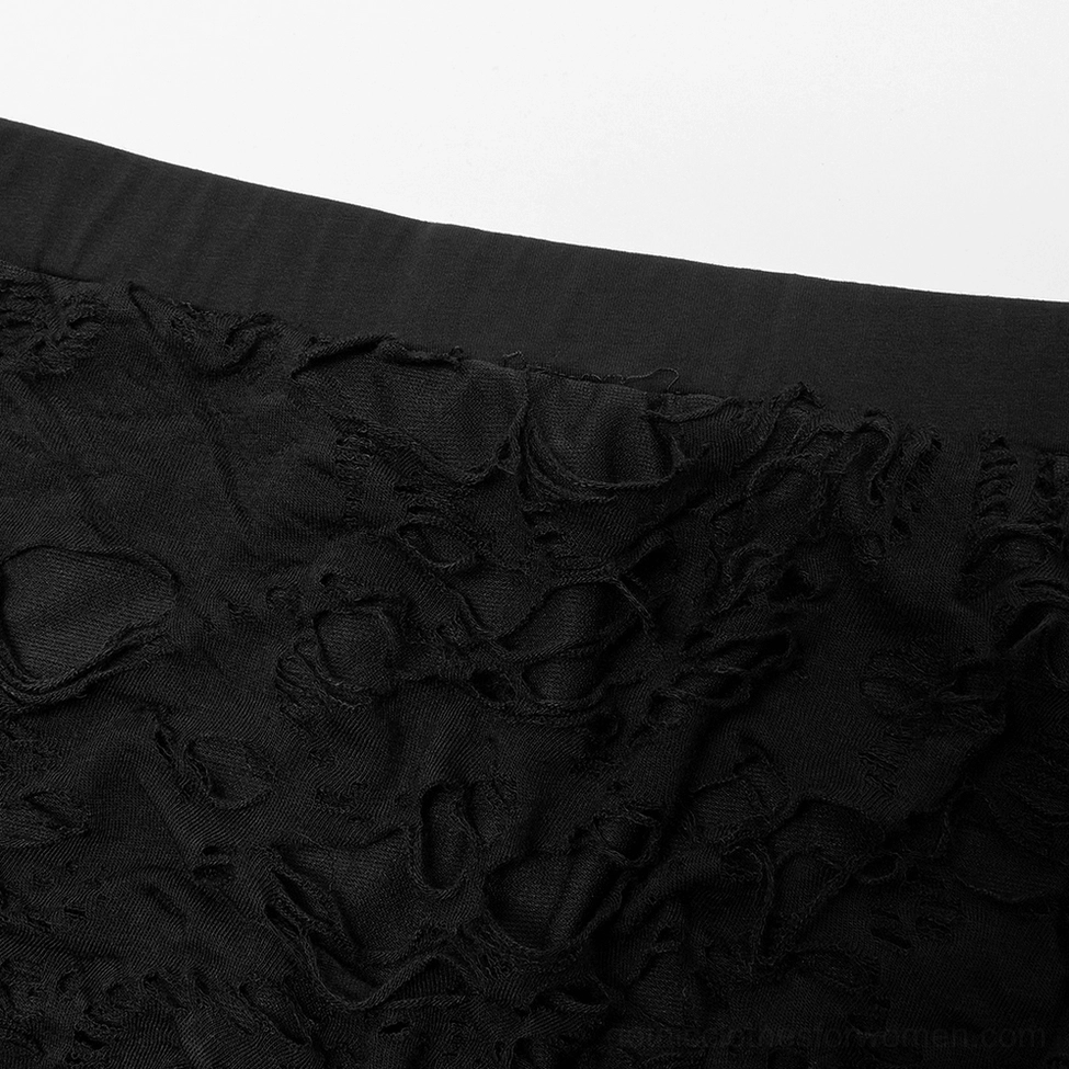 Close-up of black gothic pants waistband and distressed ripped fabric with ragged edges