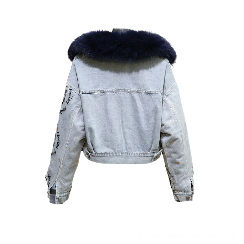 Back view of navy blue fur-lined gothic denim parka showing dark navy collar and side slit design