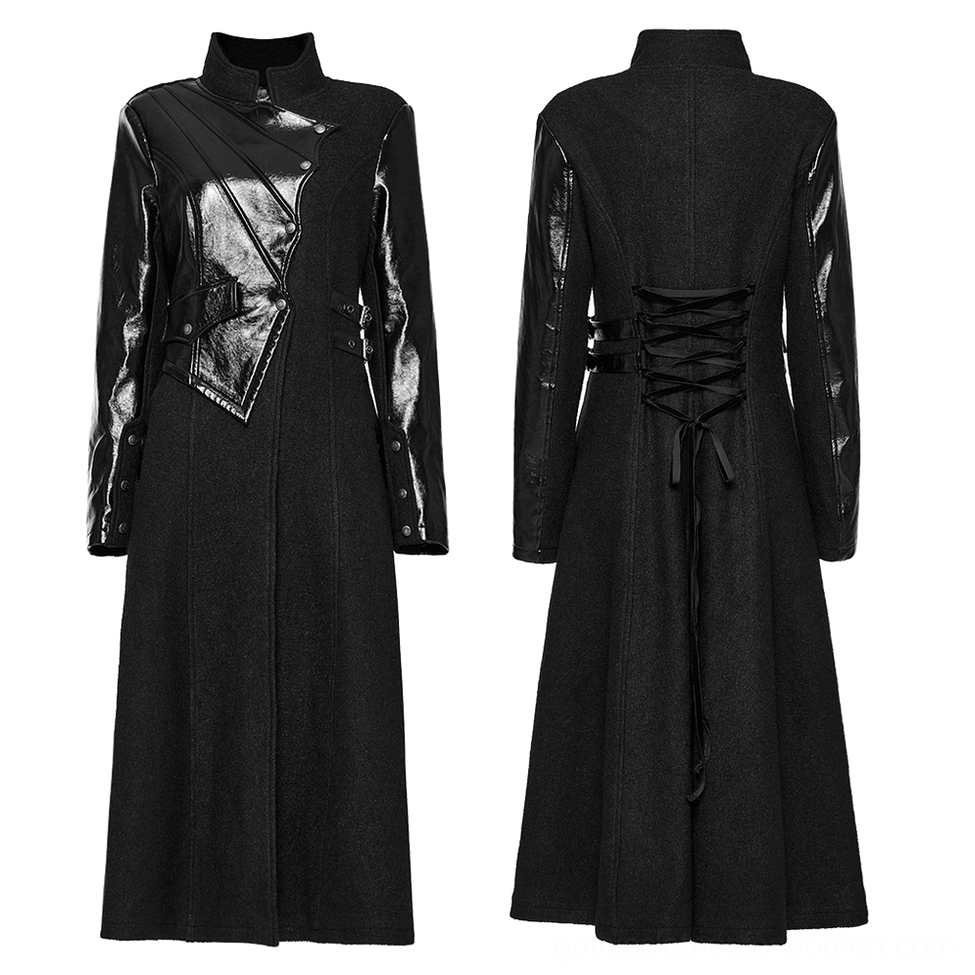 Black patchwork gothic coat front and back display with stand collar and asymmetric PU leather panels