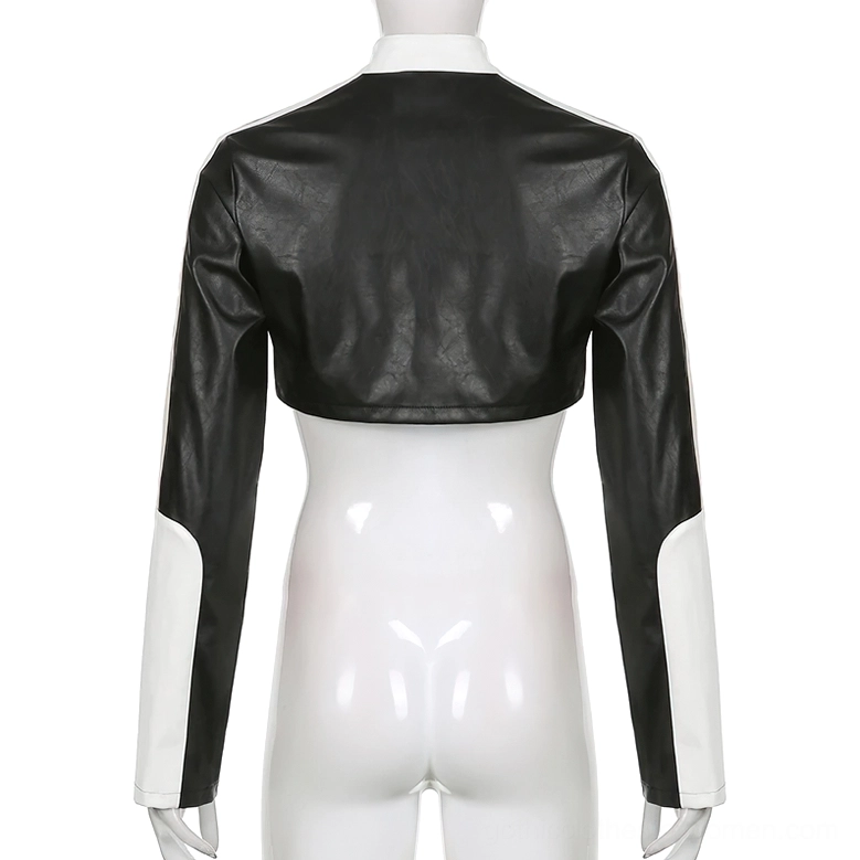 Full rear view of patchwork gothic jacket on mannequin showing cropped back hem and white sleeve patch details