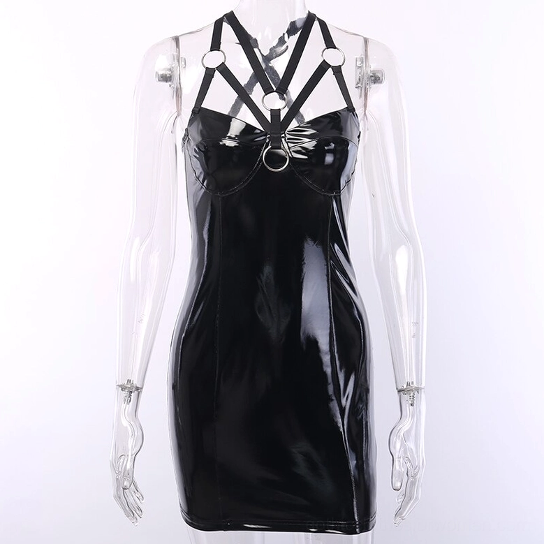 Shiny black PU patent leather gothic bodycon dress on mannequin with O-ring hardware and halter straps