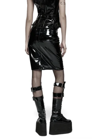 Black gothic patent leather skirt back view on model wearing fishnet stockings with rivet details and back zipper