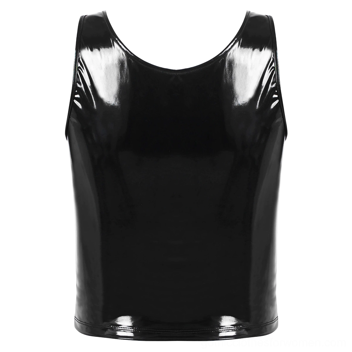 Patent leather gothic crop top - back flat lay showing rounded U-neck and smooth back panel design