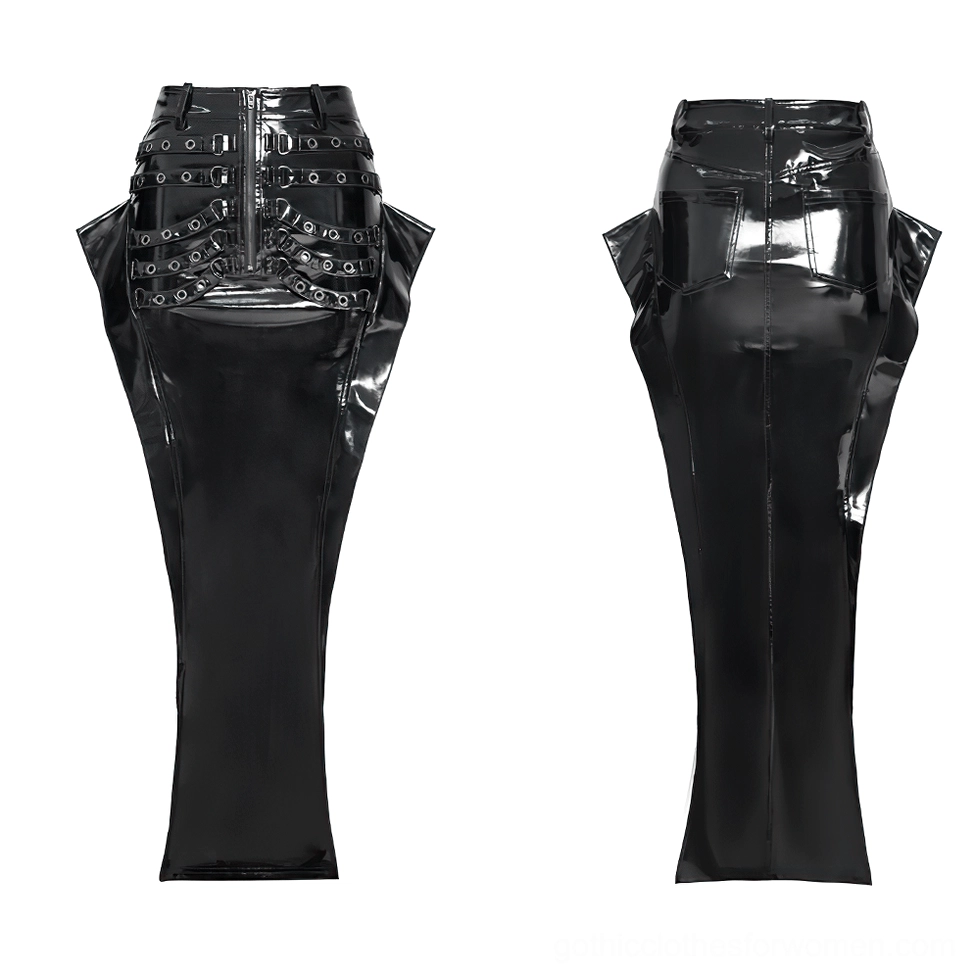 Front and back flat lay of black patent leather gothic maxi skirt showing grommet strap details, front zipper, and fishtail silhouette
