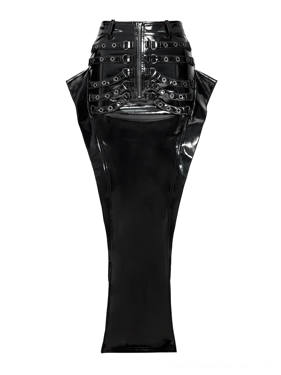 Front flat lay view of black patent leather gothic maxi skirt showing grommet strap harness details and high waist construction