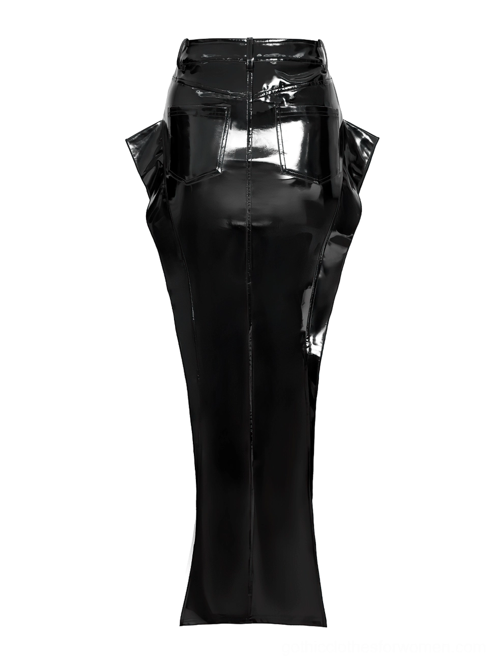Side-back flat lay angle of black glossy patent leather gothic maxi skirt with structured hip panels and fishtail hem