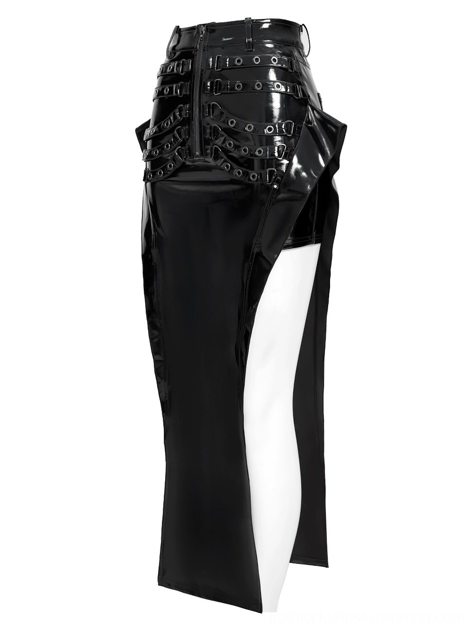 Side profile view of black patent leather gothic maxi skirt displaying high thigh slit and exposed inner lining details