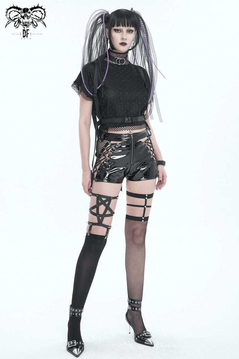 Frontal presentation view of gothic patent leather shorts featuring zipper and lace-up side detail elements