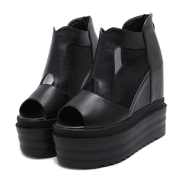 Black gothic peep-toe platform ankle boots with mesh ventilation panels - front view display