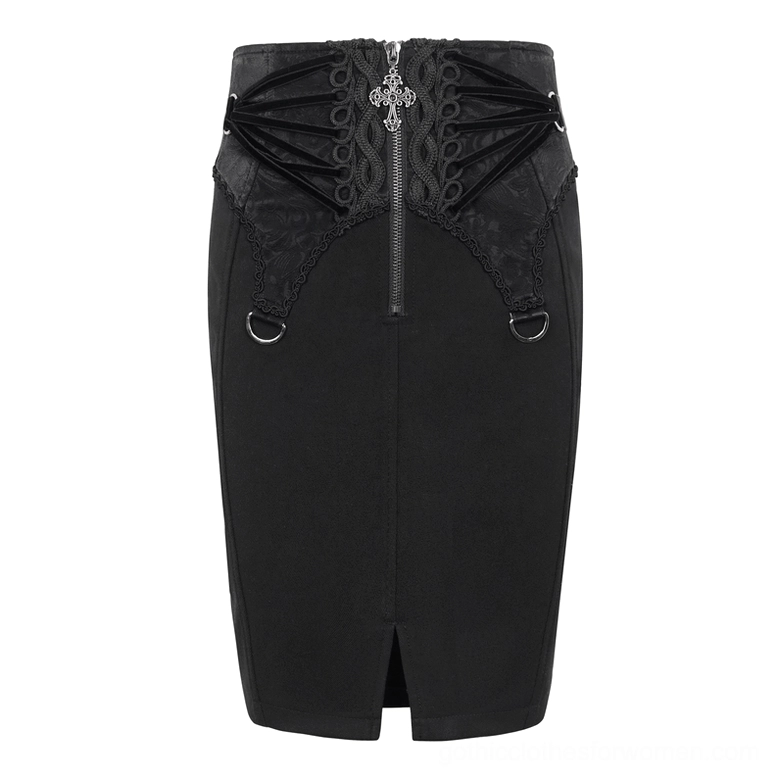 Black gothic pencil skirt product shot front view with bat-wing lace waist panel and D-ring zipper details