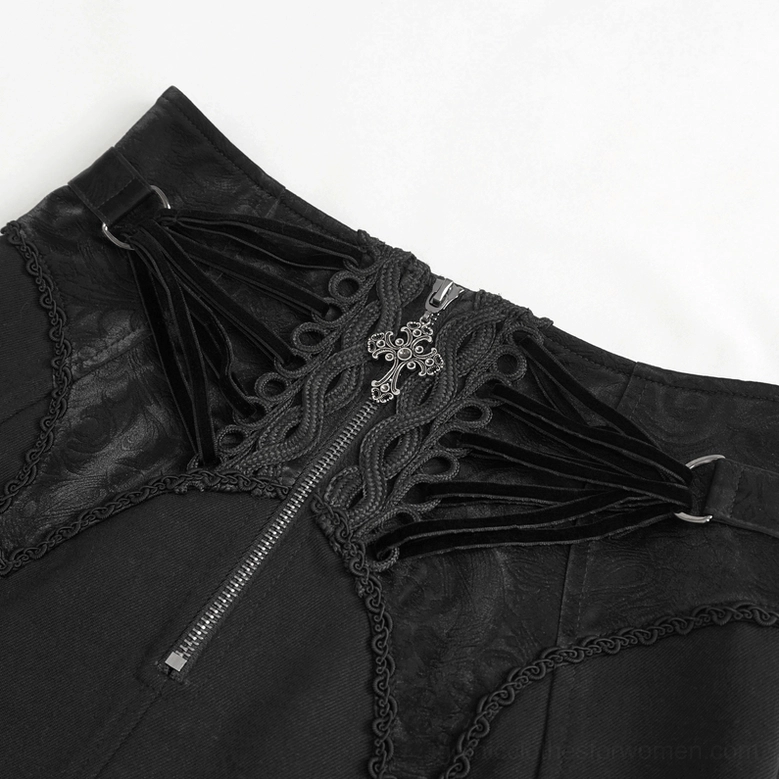 Side angle product shot of black gothic skirt showing front slit depth and pencil silhouette structure