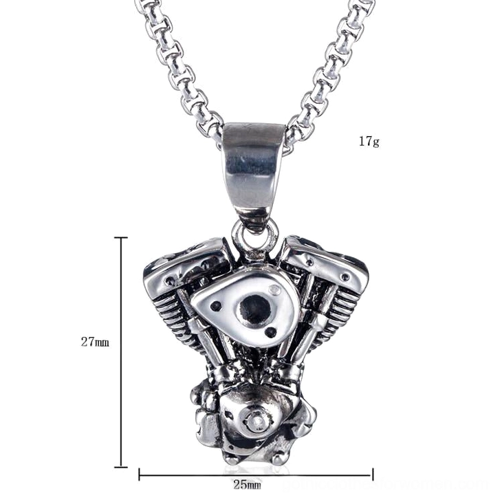Motorcycle engine pendant specifications showing 27x25mm vintage stainless steel gothic necklace pendant
