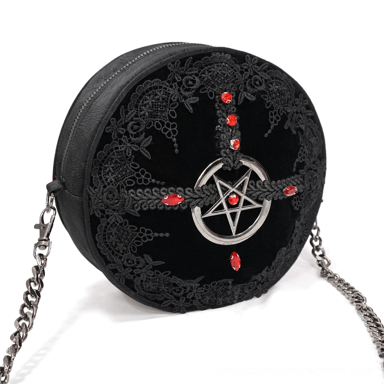 Left front view of black pentagram gothic shoulder bag with chain strap and decorative silver charm on white studio background