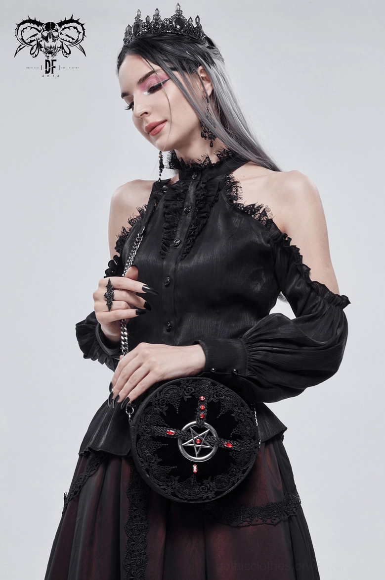 Gothic pentagram round shoulder bag styled with model in black off-shoulder goth outfit, coordinated fashion aesthetic