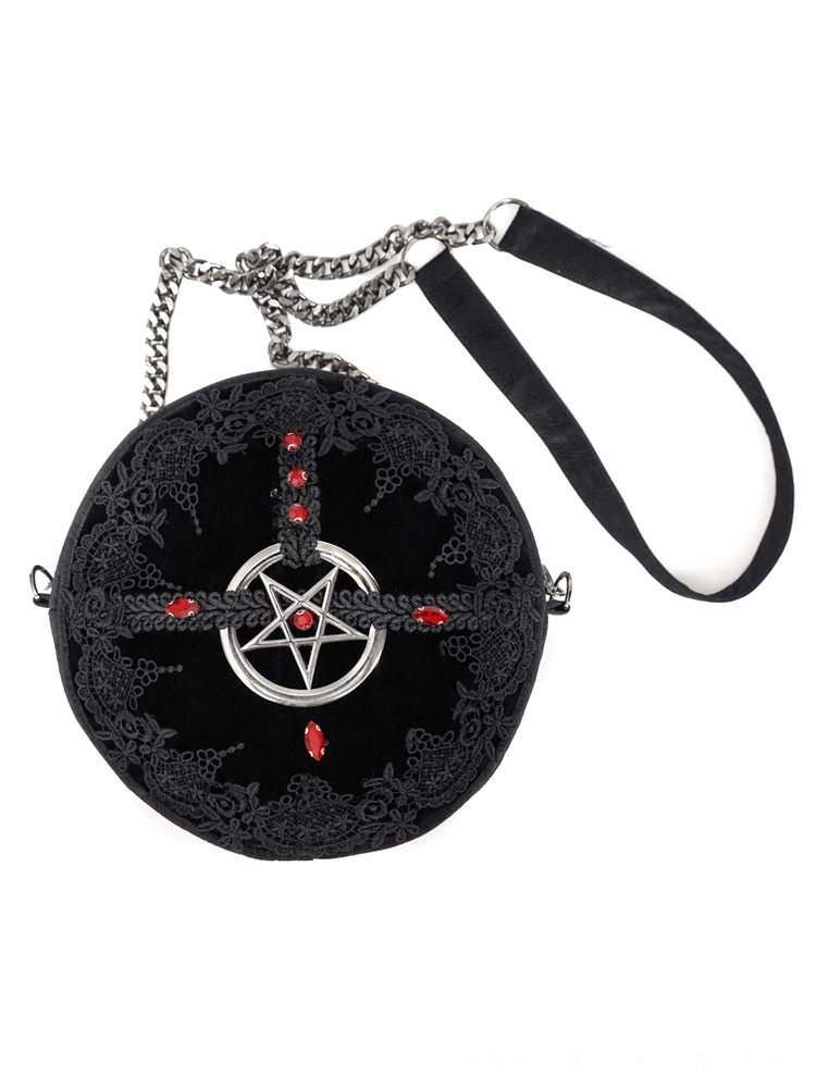 Top-down view of black gothic pentagram round bag showing chain strap and silver pentagram charm detail