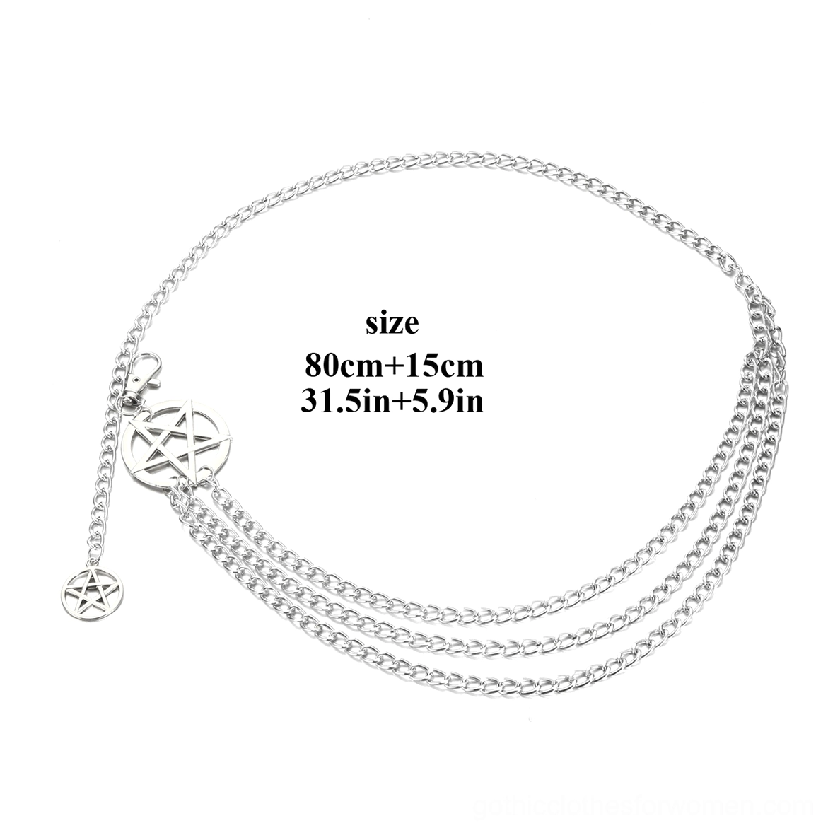 Full flat lay view of silver pentagram chain belt showing complete length measurement 80cm plus 15cm extension