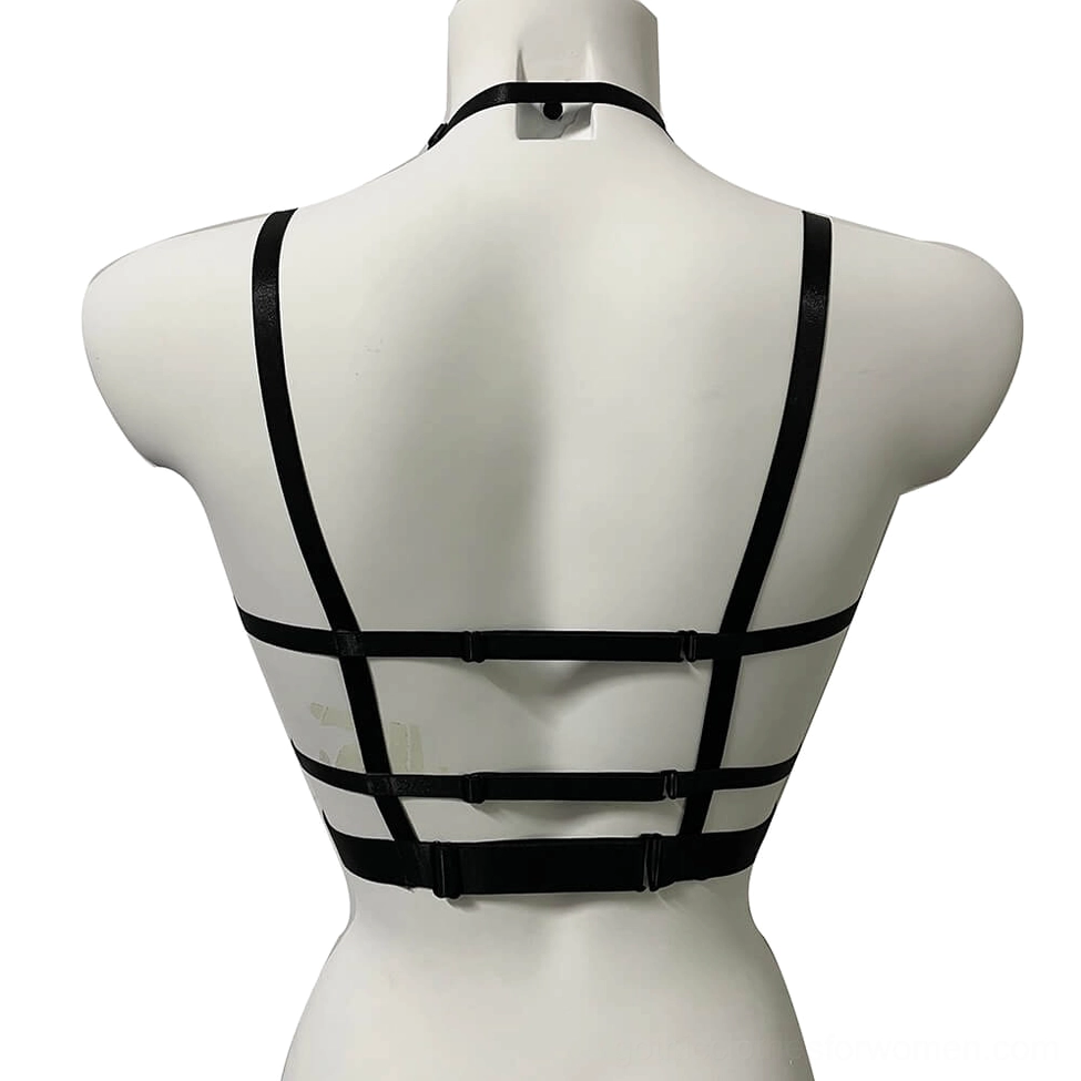 Adjustable multi-strap back view of gothic black bra with pentagram design - demonstrating rear strap customization and construction details