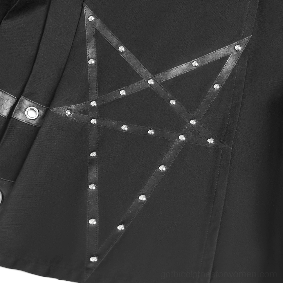 Gothic pentagram maxi skirt full length back profile with metal grommet accents and flowing floor-length silhouette