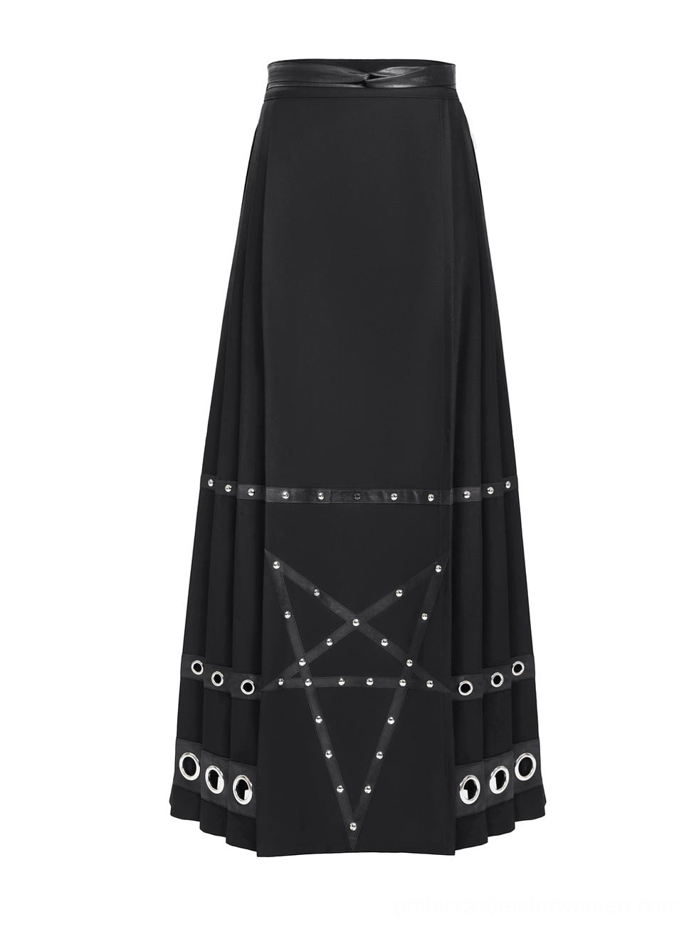 Black pentagram gothic maxi skirt front display, showing pleated construction, metal grommets, and pentagram strap details