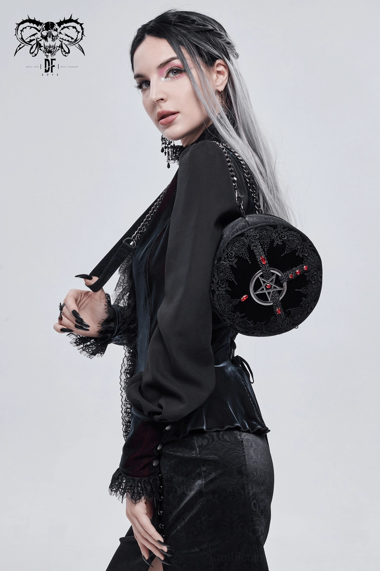 Full product view of black gothic pentagram round handbag with floral guipure lace inserts and red gemstone accents