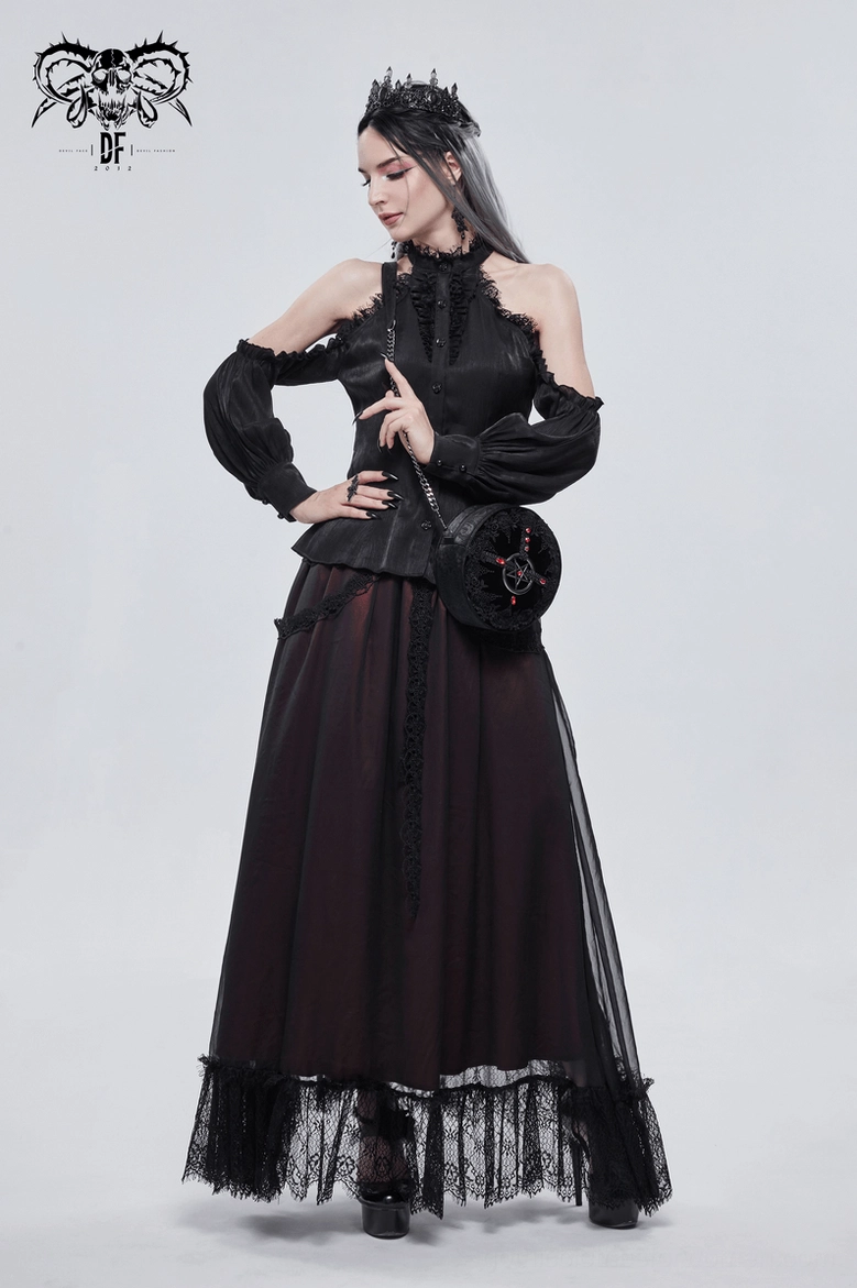 Black gothic pentagram round bag main product shot featuring complete design with chain strap and red gem embellishments