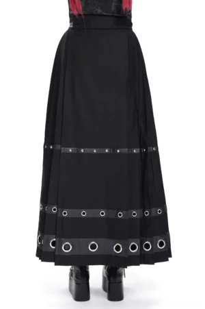 Gothic pentagram floor-length skirt with metal grommet trim details, front facing on white background