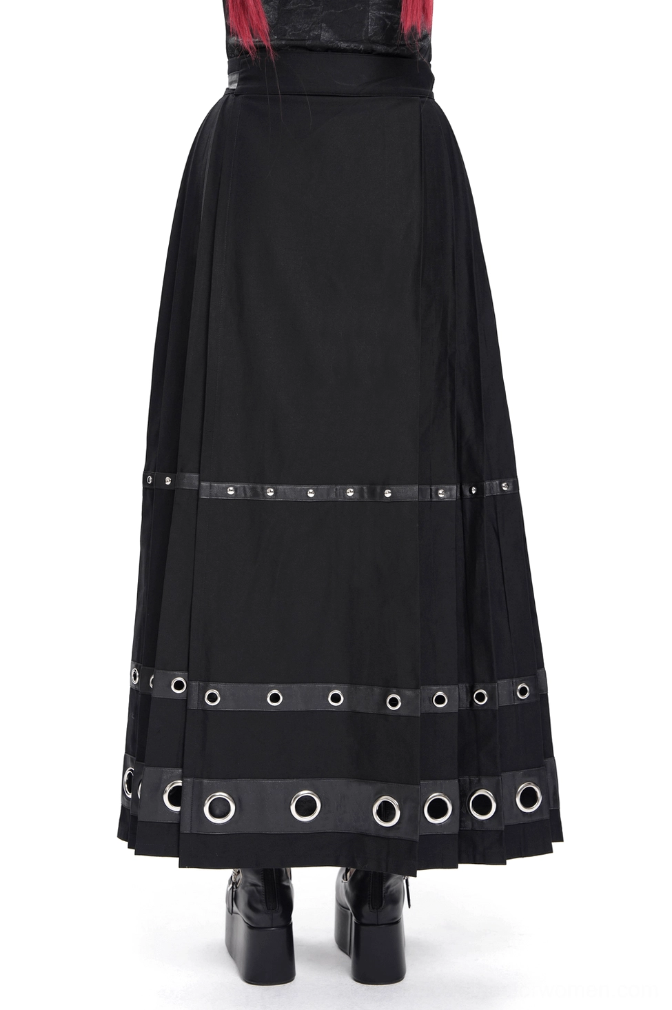 Gothic pentagram floor-length skirt with metal grommet trim details, front facing on white background