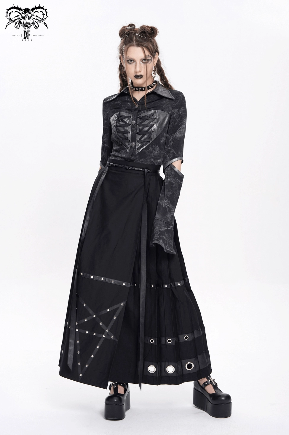 Gothic pentagram maxi skirt pleated fabric detail with metal grommets and pentagram strap design elements
