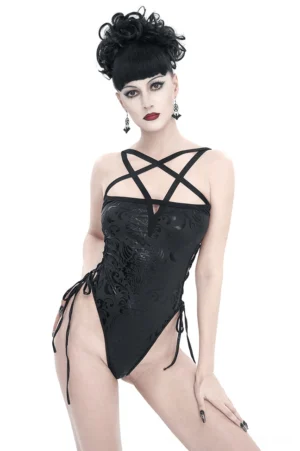 Black gothic one-piece swimsuit with pentagram crisscross straps and side lace-up cutout, front view on model