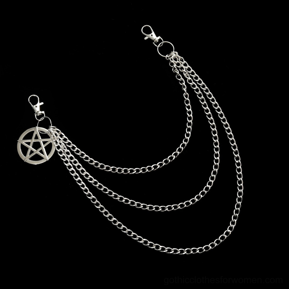 Gothic pentagram waist chain with triple silver layers and pentagram pendant on black studio background
