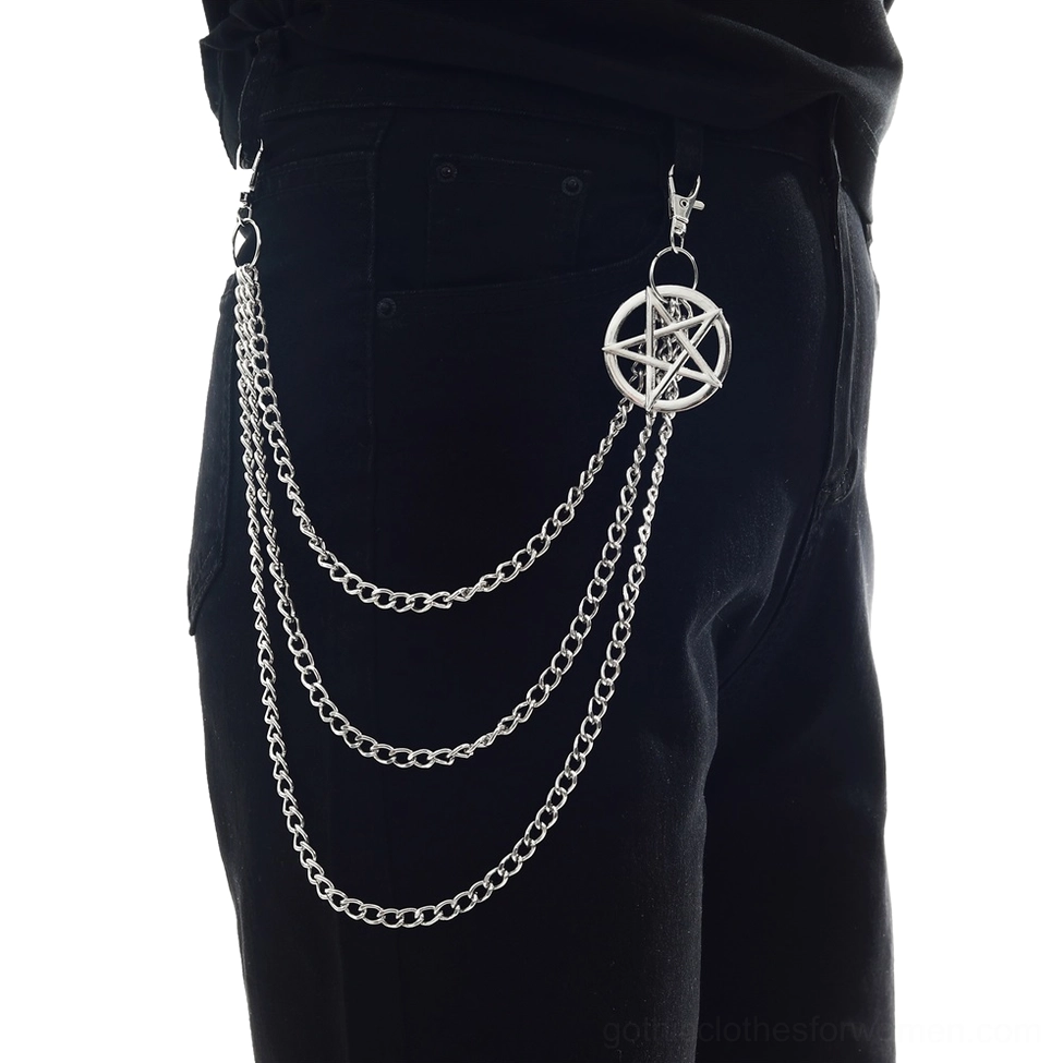 Gothic pentagram waist chain worn on black trousers, side rear view showing triple-layer silver metal chains with pentagram pendant in action