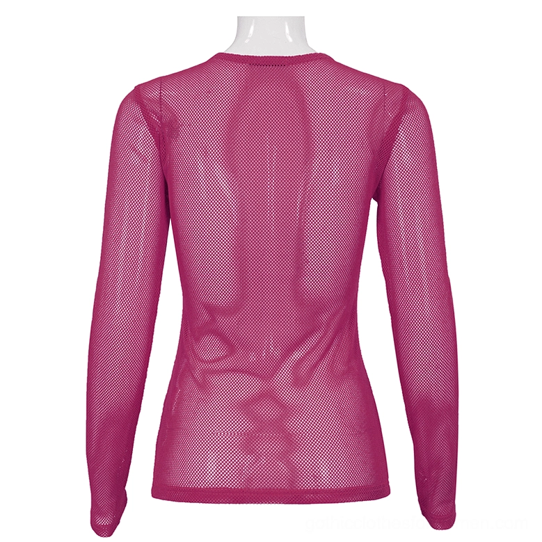 Rose pink transparent mesh long sleeve top back view seamless fit alternative fashion