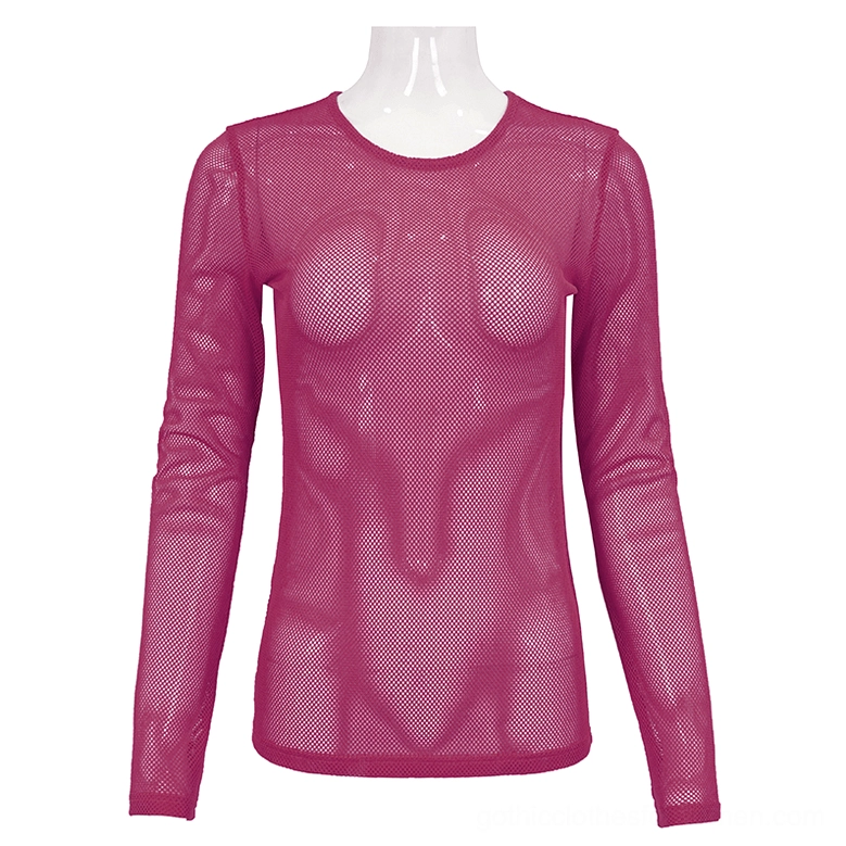 Rose pink sheer mesh long sleeve gothic top front view on mannequin fitted crew neck design